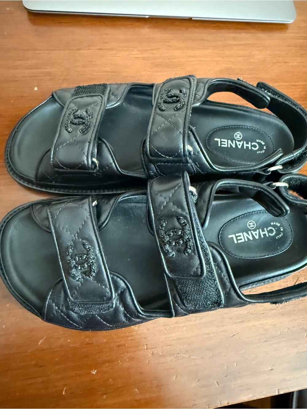 CHANEL Black Quilted Leather Double-Strap Velcro Sandals for women